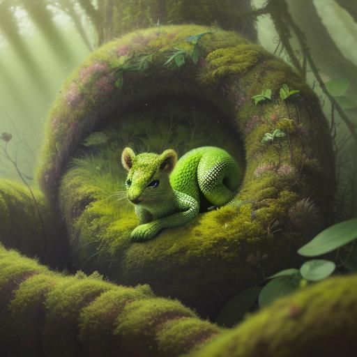 Cute Moss Snake in Misty Forest Illustration