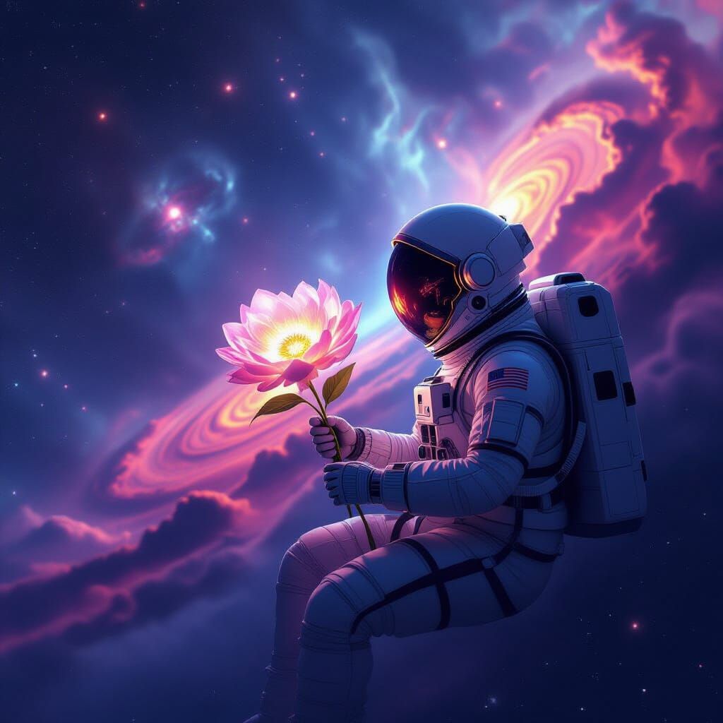 Astronaut Adrift in Nebula with Glowing Flower