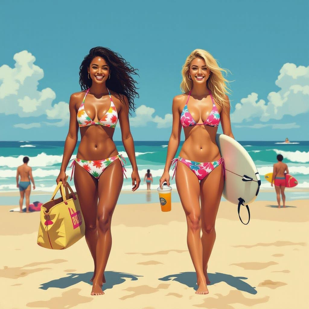 Muscular Biracial Surfer Girls on Vibrant Beach