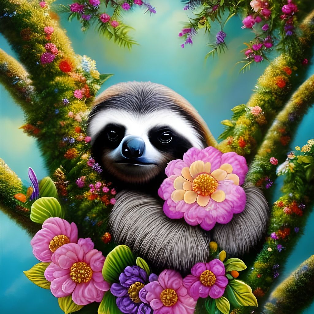 Blissful Sloth with Flower Crown, Fantasy Glamour Painting