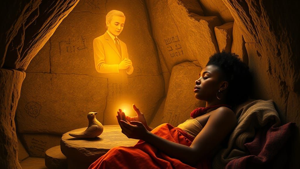 Ancient Shrine: Reverent Woman with Glowing Amulet