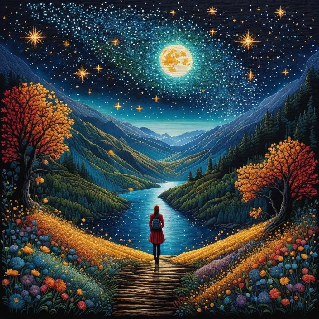 Girl Gathering Fallen Stars with Cross-Stitch