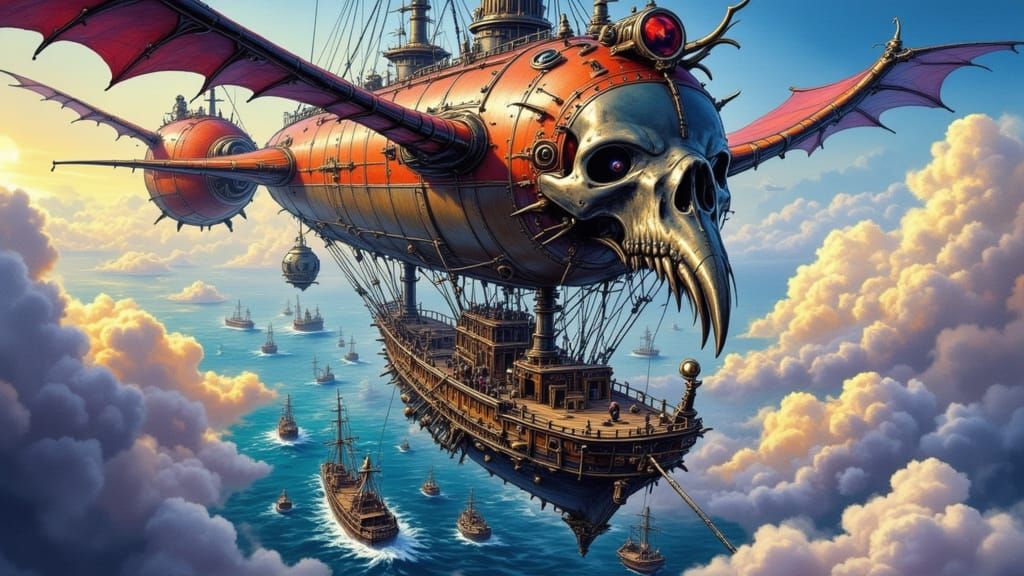Pirate Airship in Steampunk Style Sailing the Skies