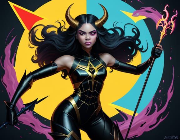 Demoness Zendaya With Burning Trident in Pop Art Style