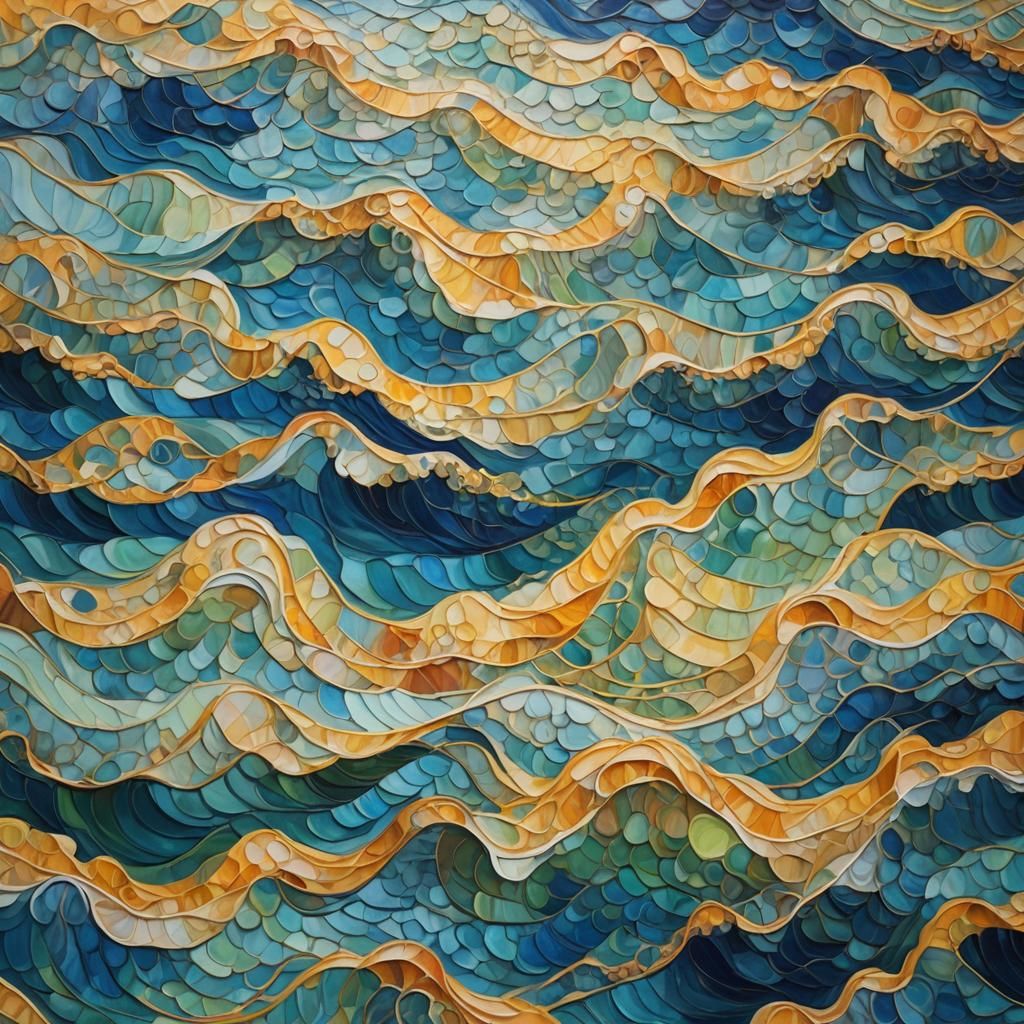 Surreal Seascape with Geometric Waves in Oil Painting