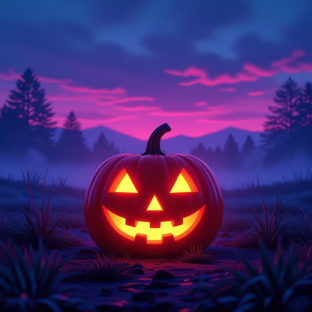Glowing Pumpkin in Neon Synthwave Landscape