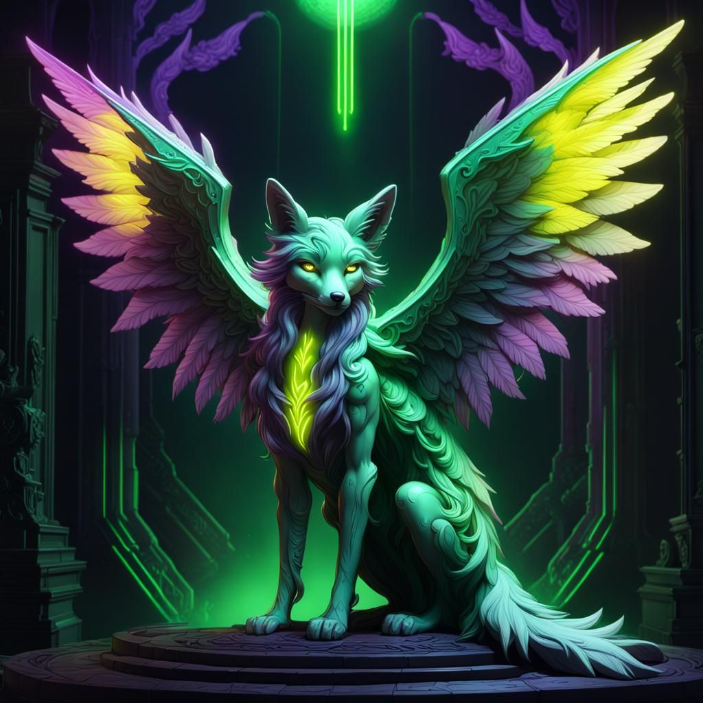 Neon Angelic Fox: Dark Fantasy Digital Art