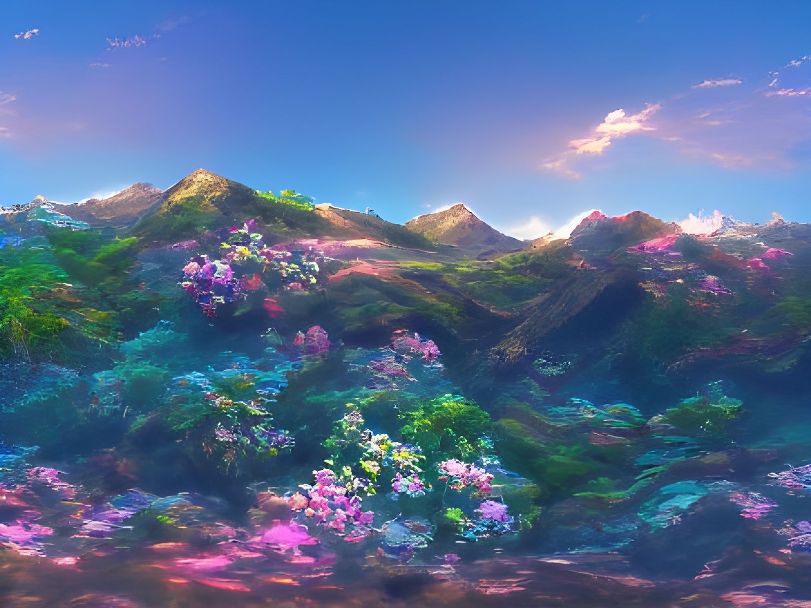Seaside Mountain Landscape with Flowers