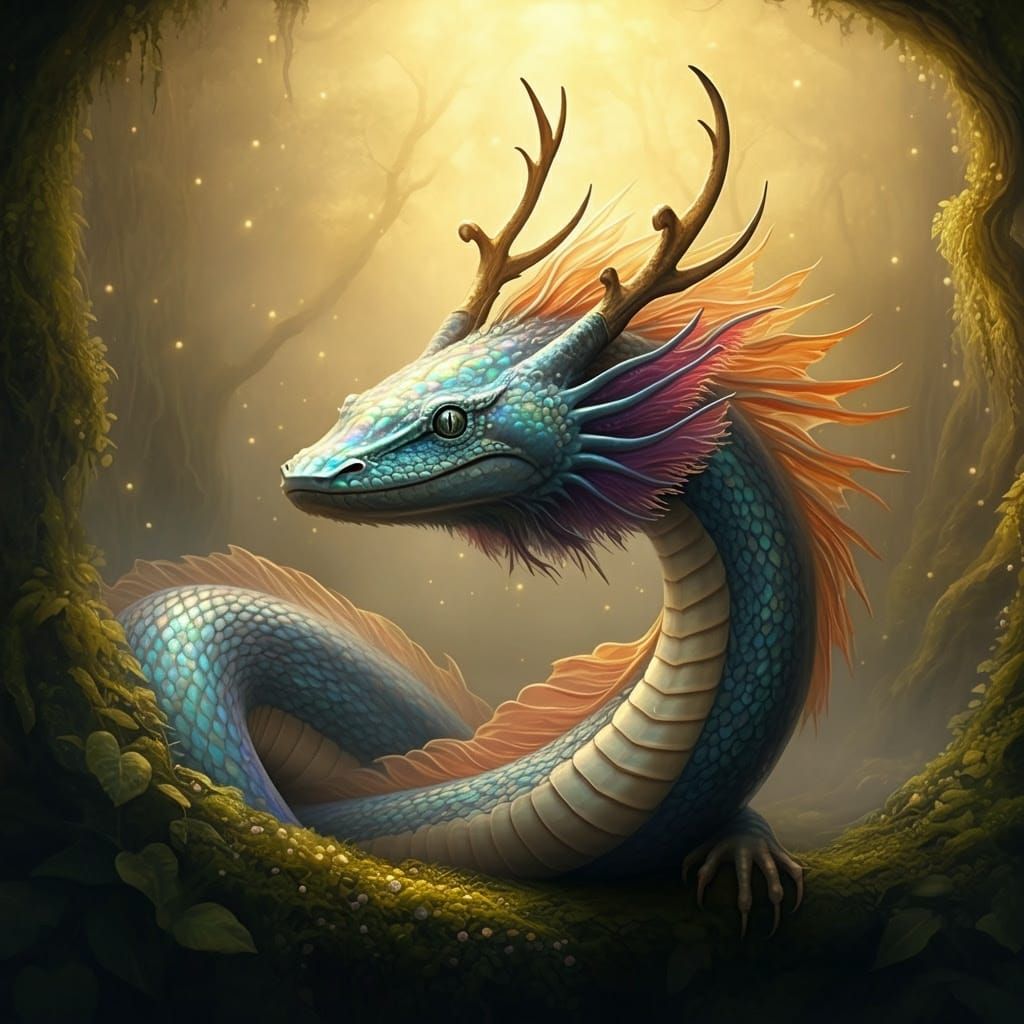 Serpentine Chinese Axolotl Dragon in Mystical Golden Realm
