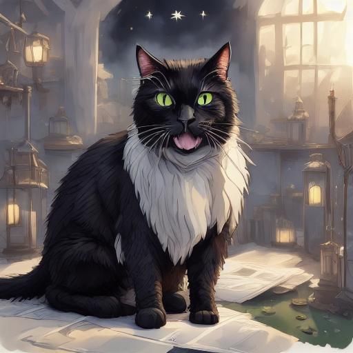 Scary Black Cat by Starlight in Whimsical Style