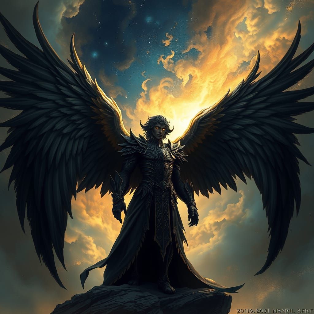 Black Angel in Celestial Armor with Golden Eyes