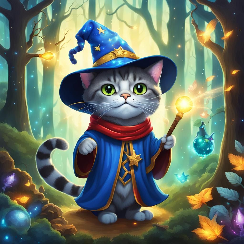 Magical Wizard Cat Casting Spells in Enchanted Forest