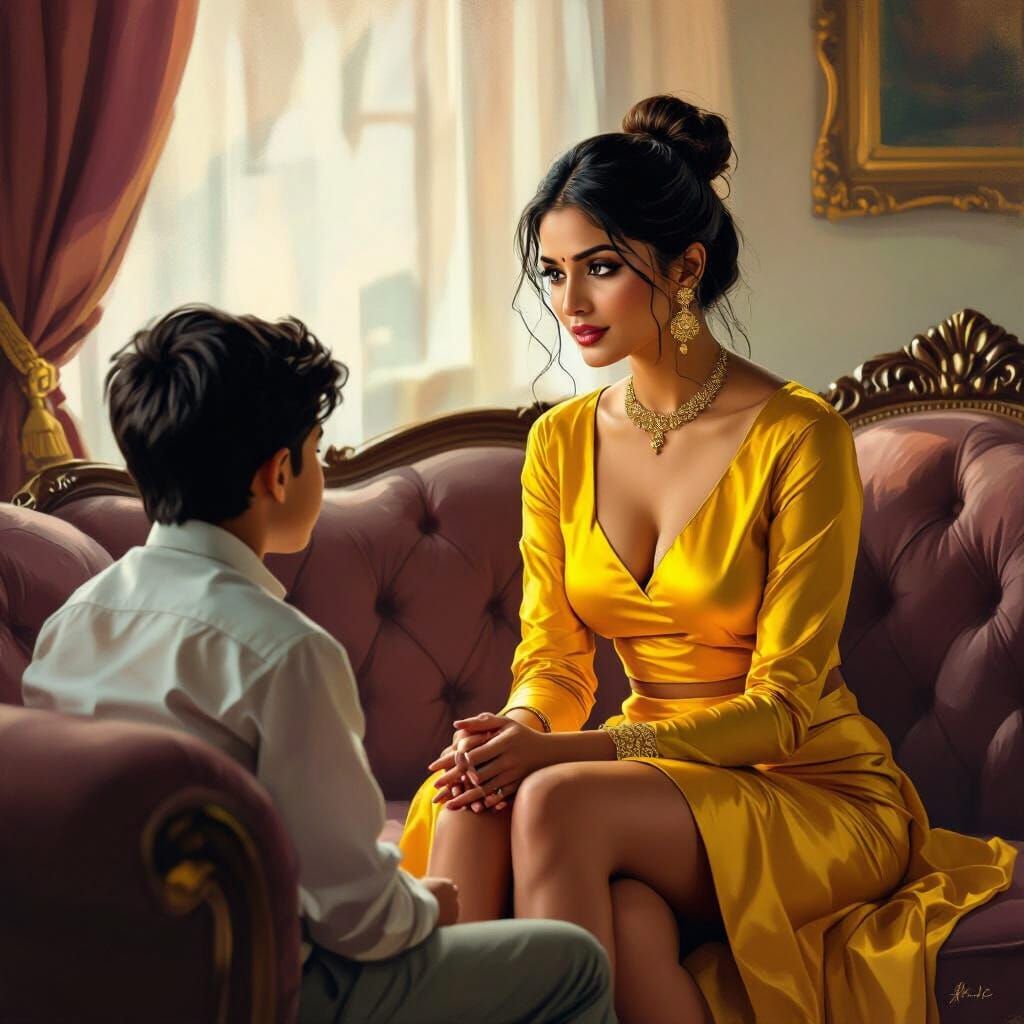 Elegant Indian Woman in Yellow Silk Top on Sofa