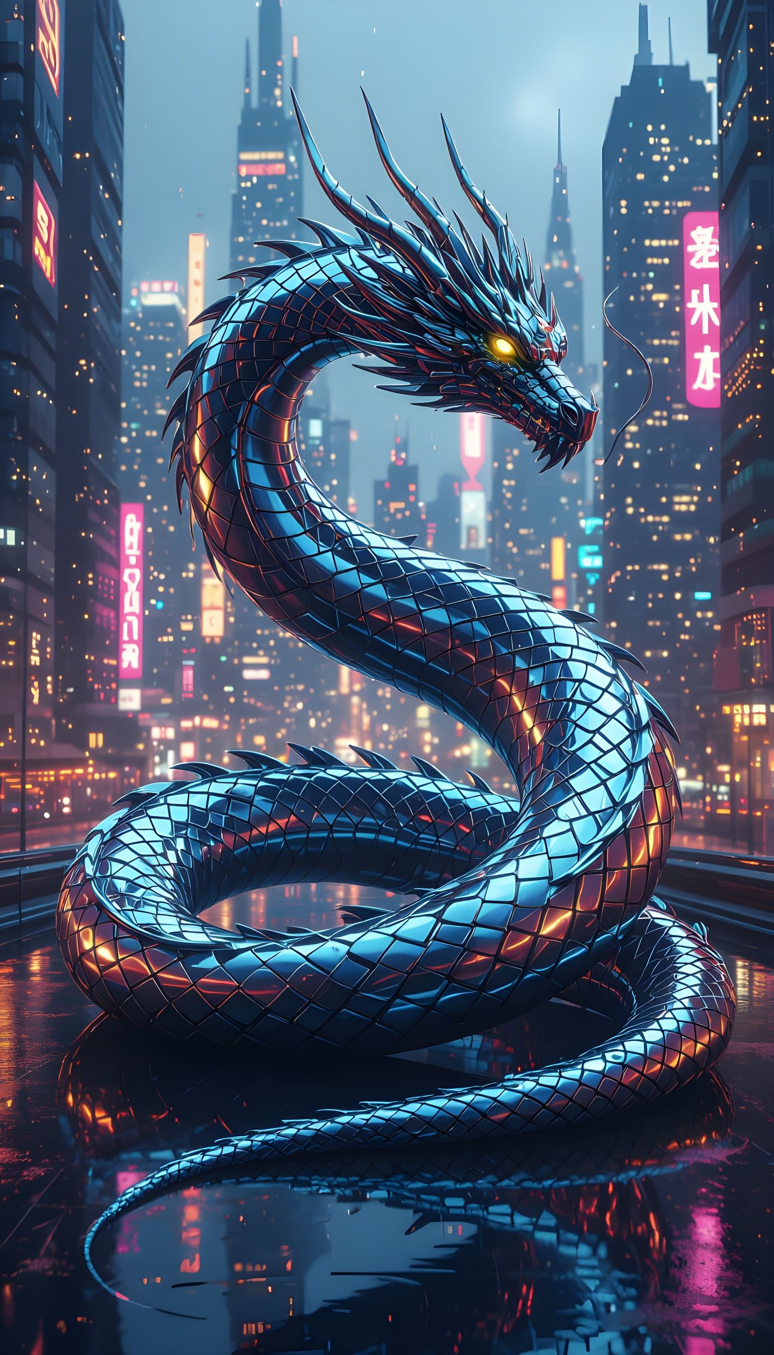 Liquid Mercury Dragon Coils Around Cyberpunk Cityscape