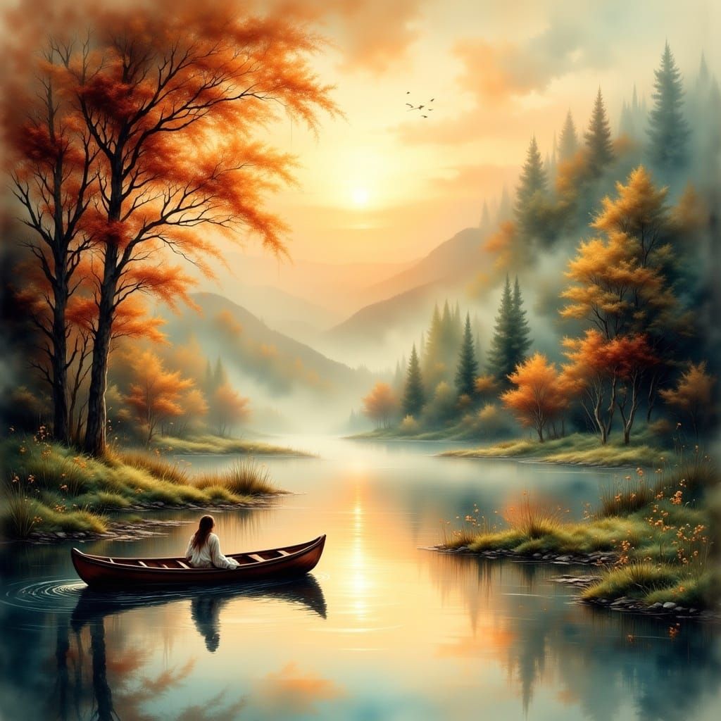 Couple on River at Sunrise in Watercolor Style