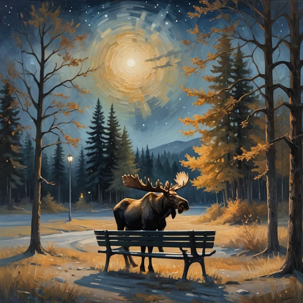 Moonlit Moose on Park Bench: Impressionist Oil Painting