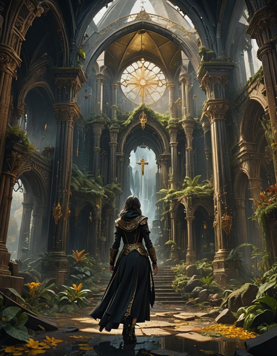 Decadent Apocalyptic Church with Waterfall, Detailed Matte P...