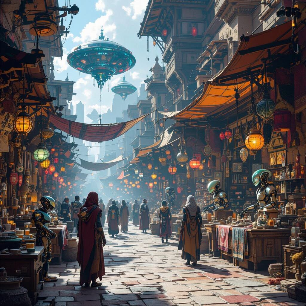 Alien Marketplace with Robotic Merchants in Detailed Matte P...