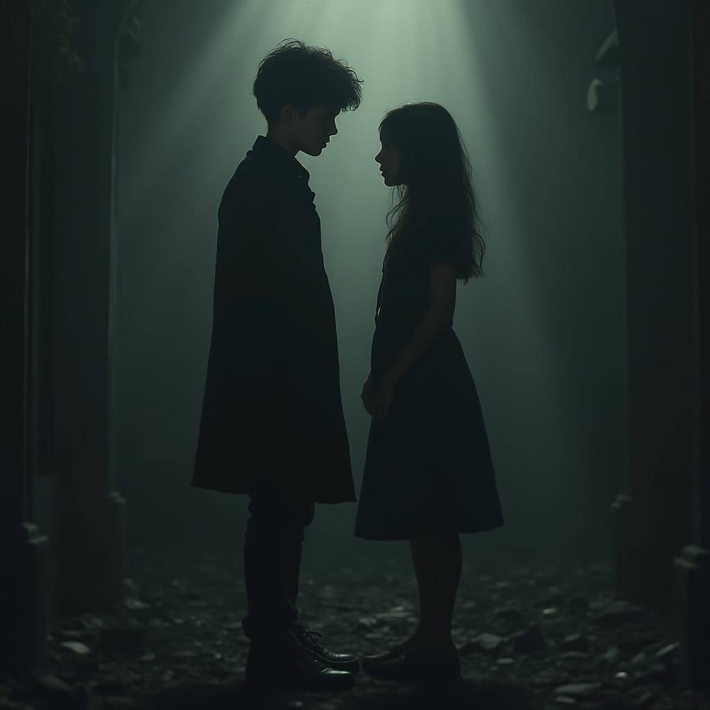 Mysterious Boy and Calm Girl in Eerie Shadows