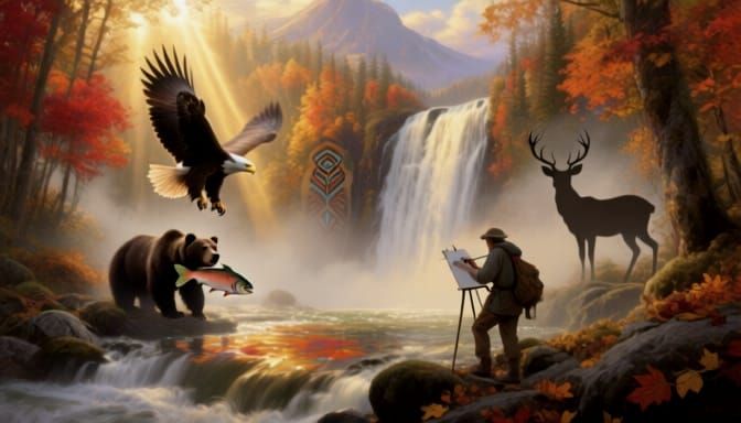 Majestic Autumn Waterfall with Wildlife and Traveler