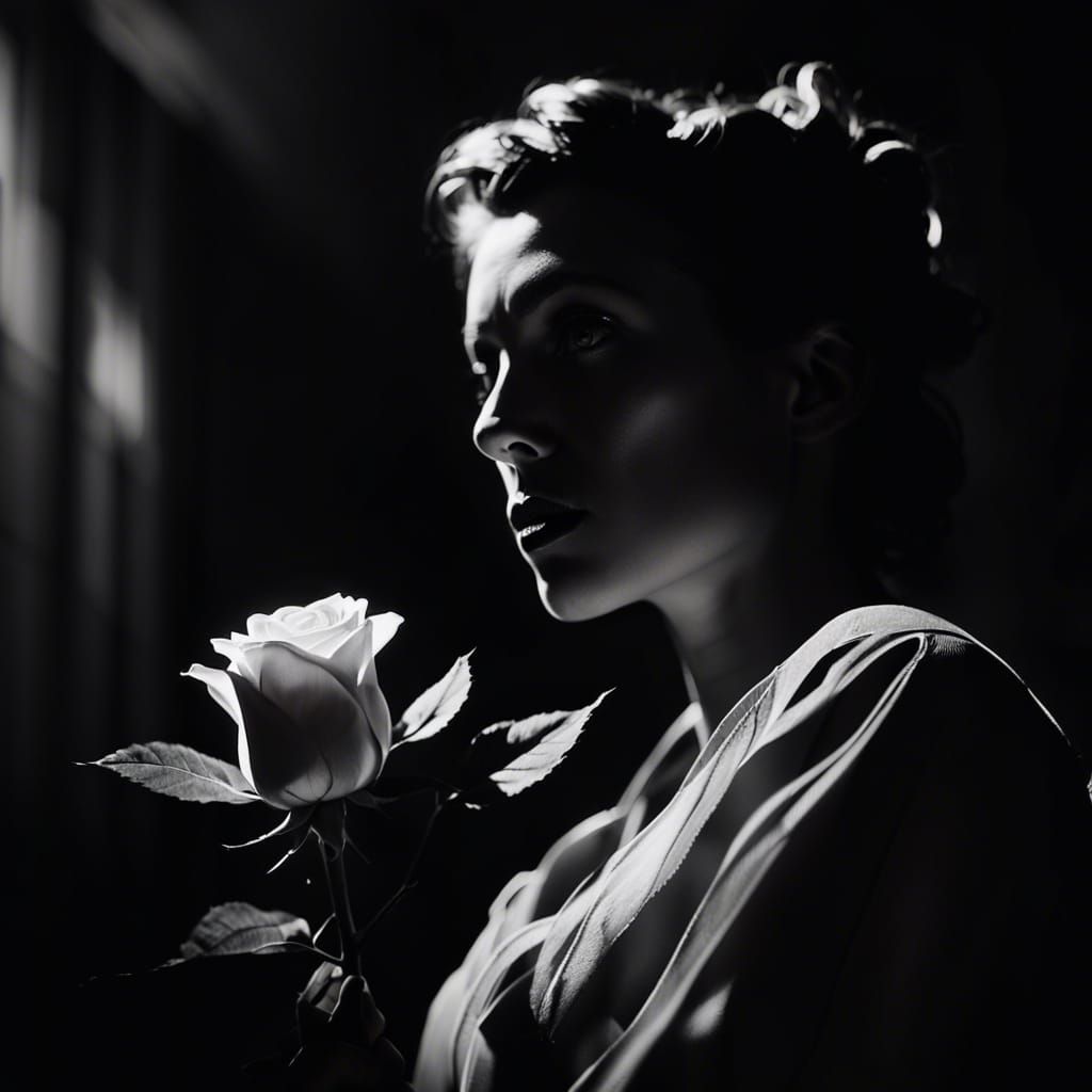 Monochrome Portrait of Woman with Rose in Noir Style