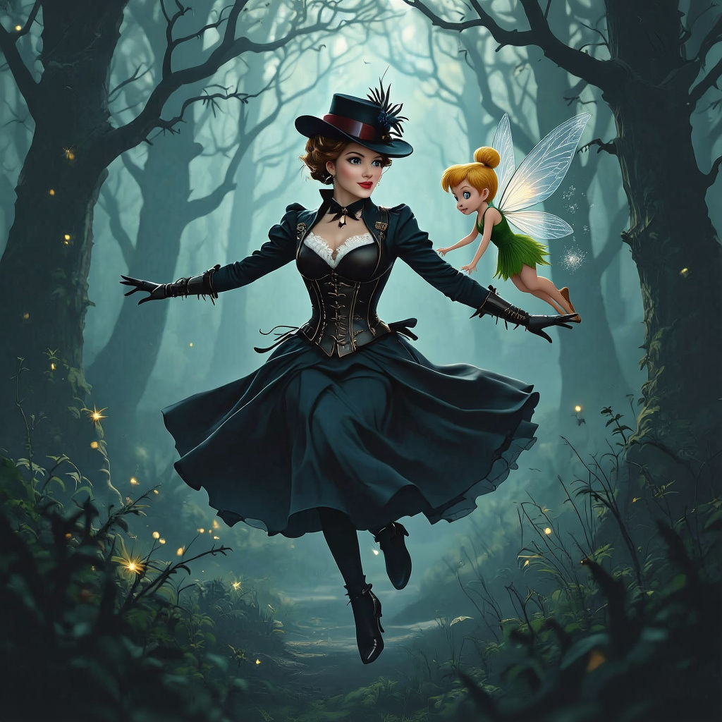 Mary Poppins and Tinkerbell in Dark Fantasy Style