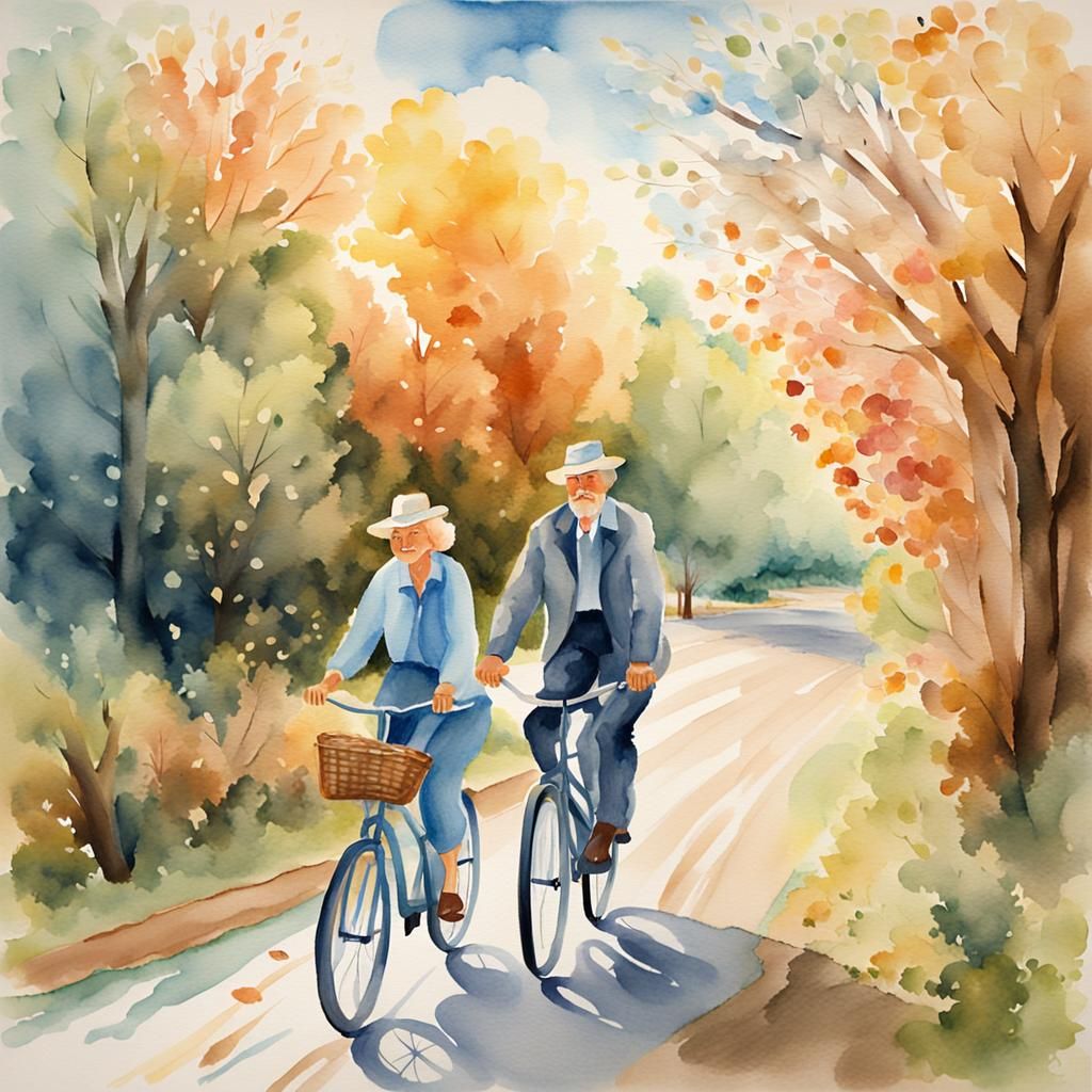 Elderly Couple's Whimsical Bike Ride as Watercolor Painting