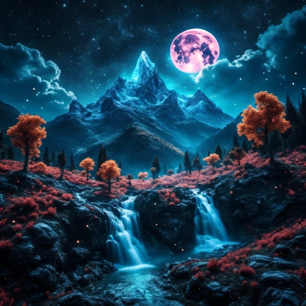 Moonlit Waterfalls: A Nighttime Nature Scene