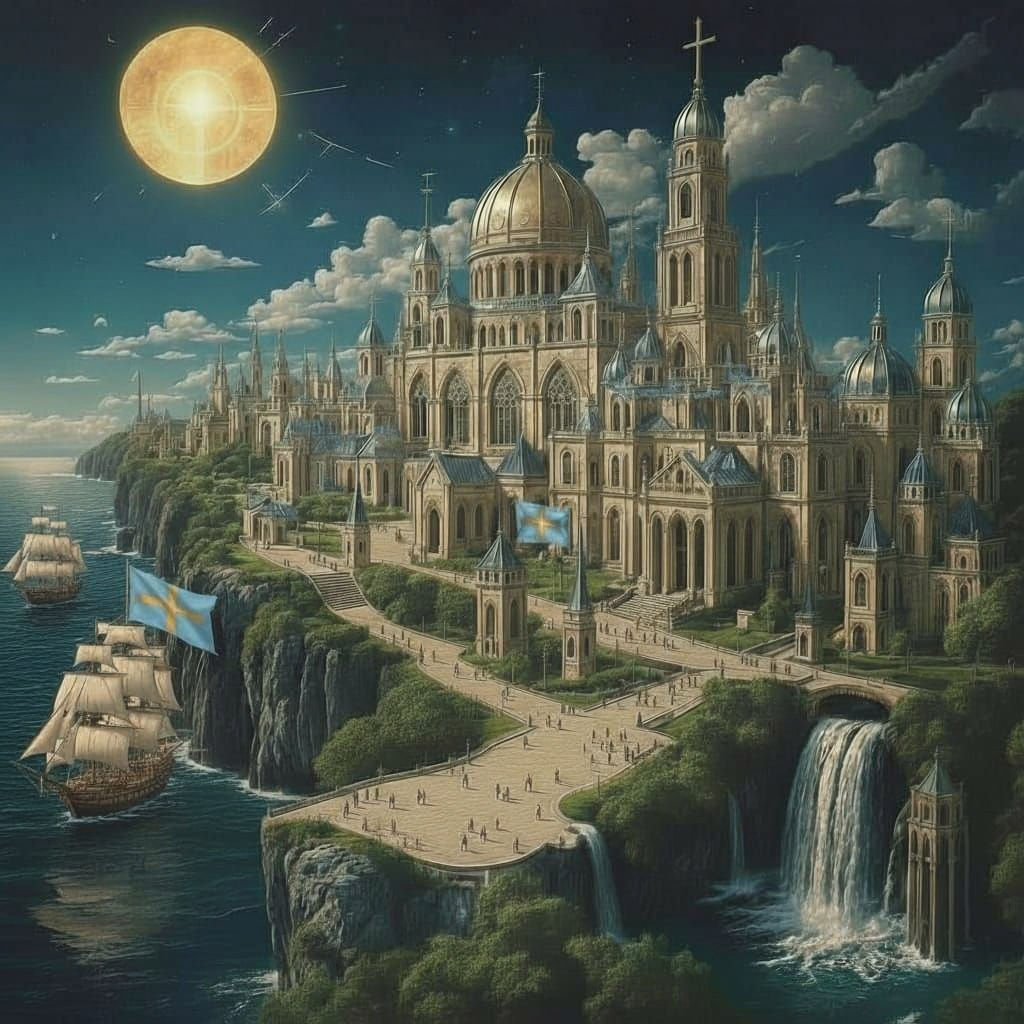 Micro Nation Capital City at Waterfall, Blue and Gold