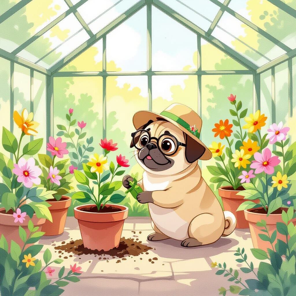 Cartoon Pug Gardener in Watercolor Style