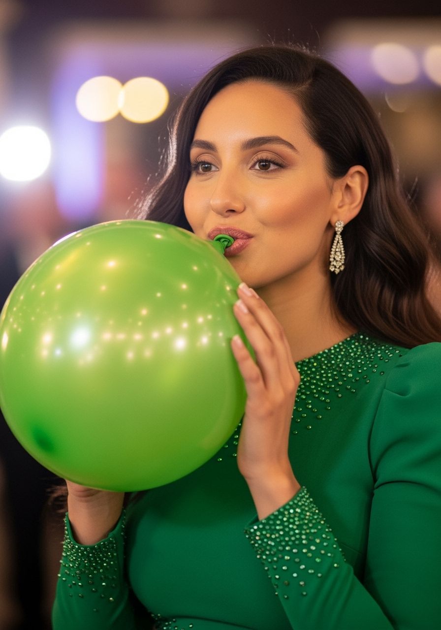 Nora Fatehi Blowing a Green Balloon