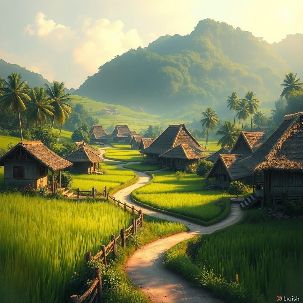 Lush Paddy Field Village, Impressionist Style