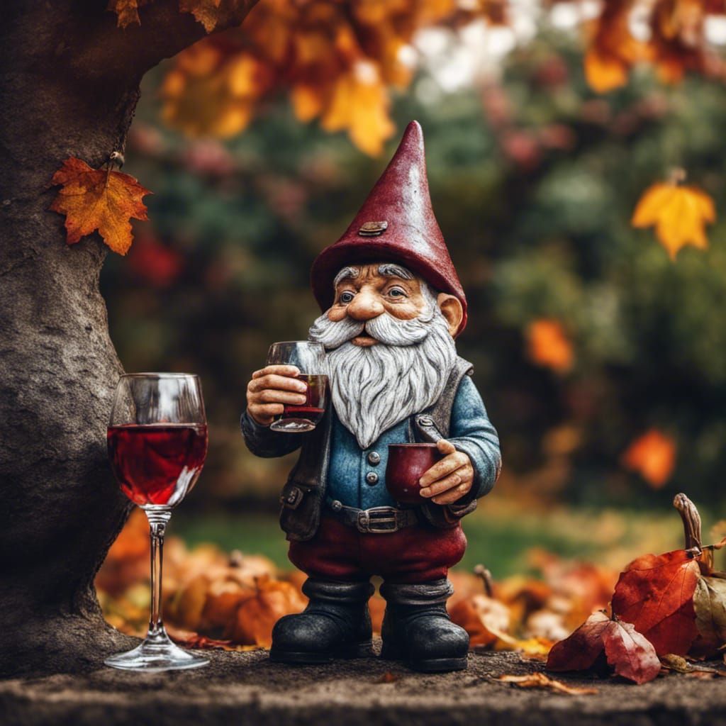 Gnome in Autumn Garden Sipping Wine
