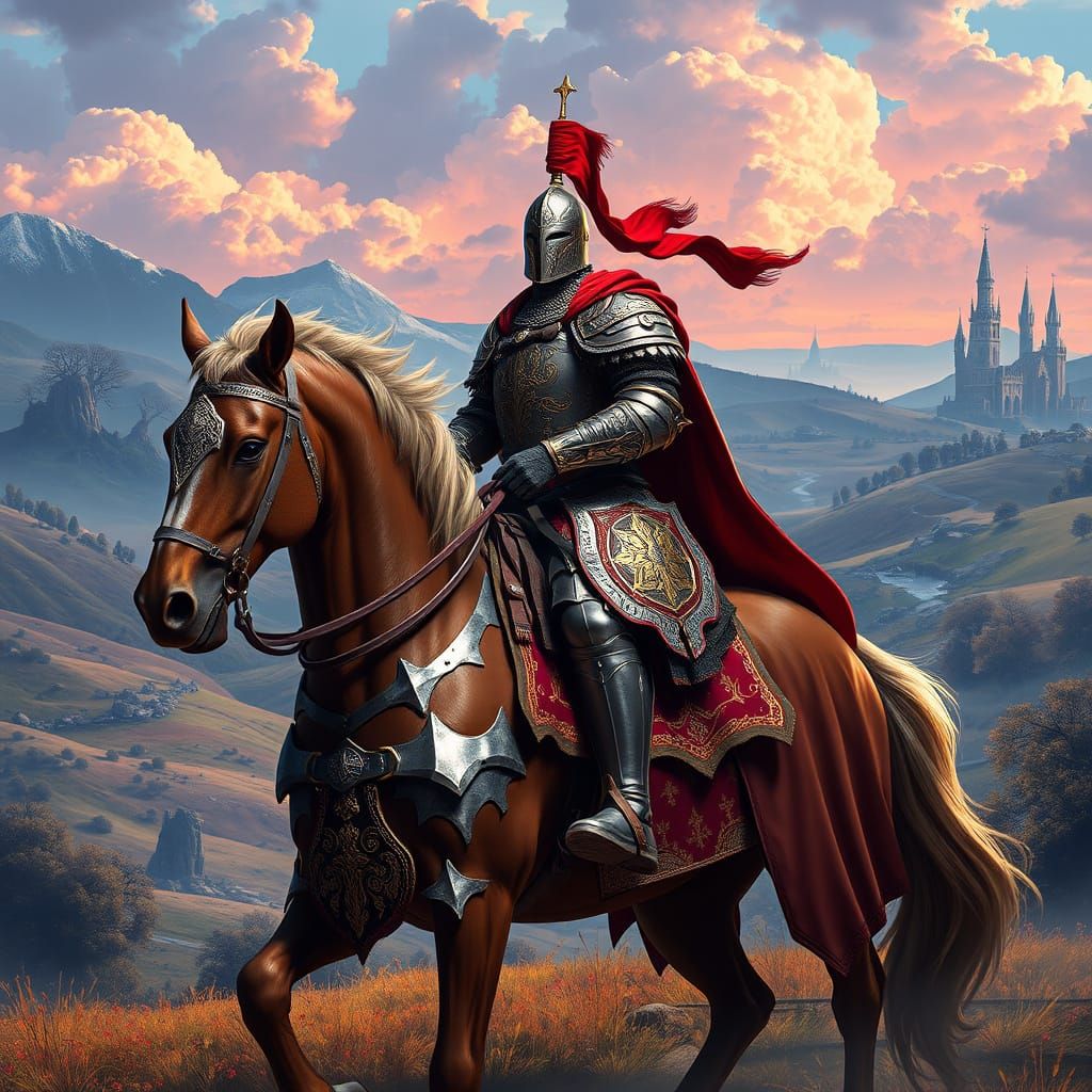 Polish Knight in Majestic Armor Rides into a Vibrant Fantasy...