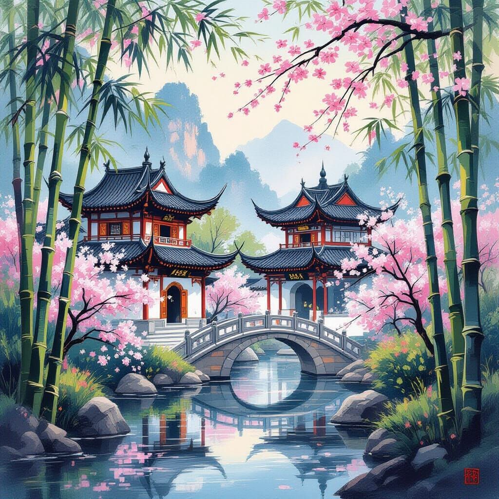 Serene Chinese Temples with Cherry Blossoms