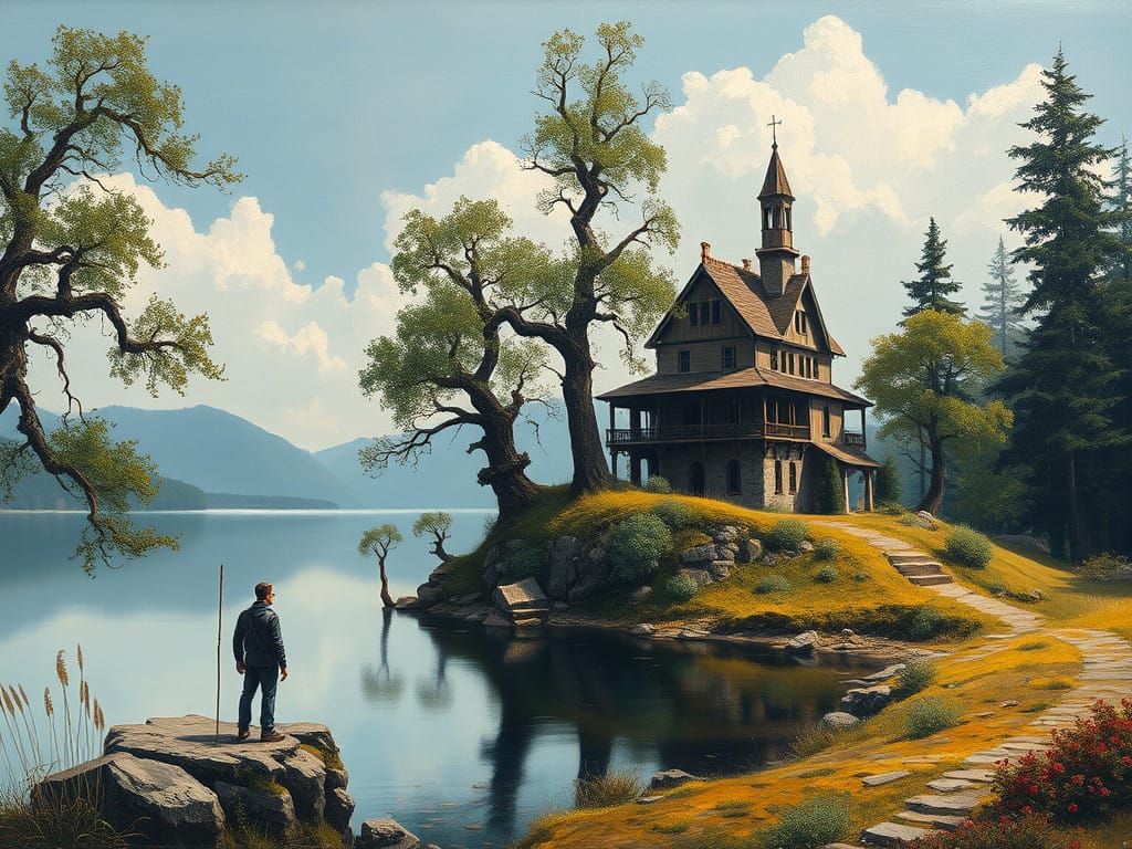 Fractal Beauty Amidst Romantic Lake Scene, in Impasto Style