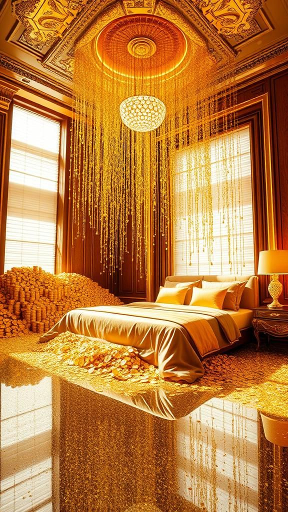 Opulent Bedroom Awash in Gold Bullion and Light