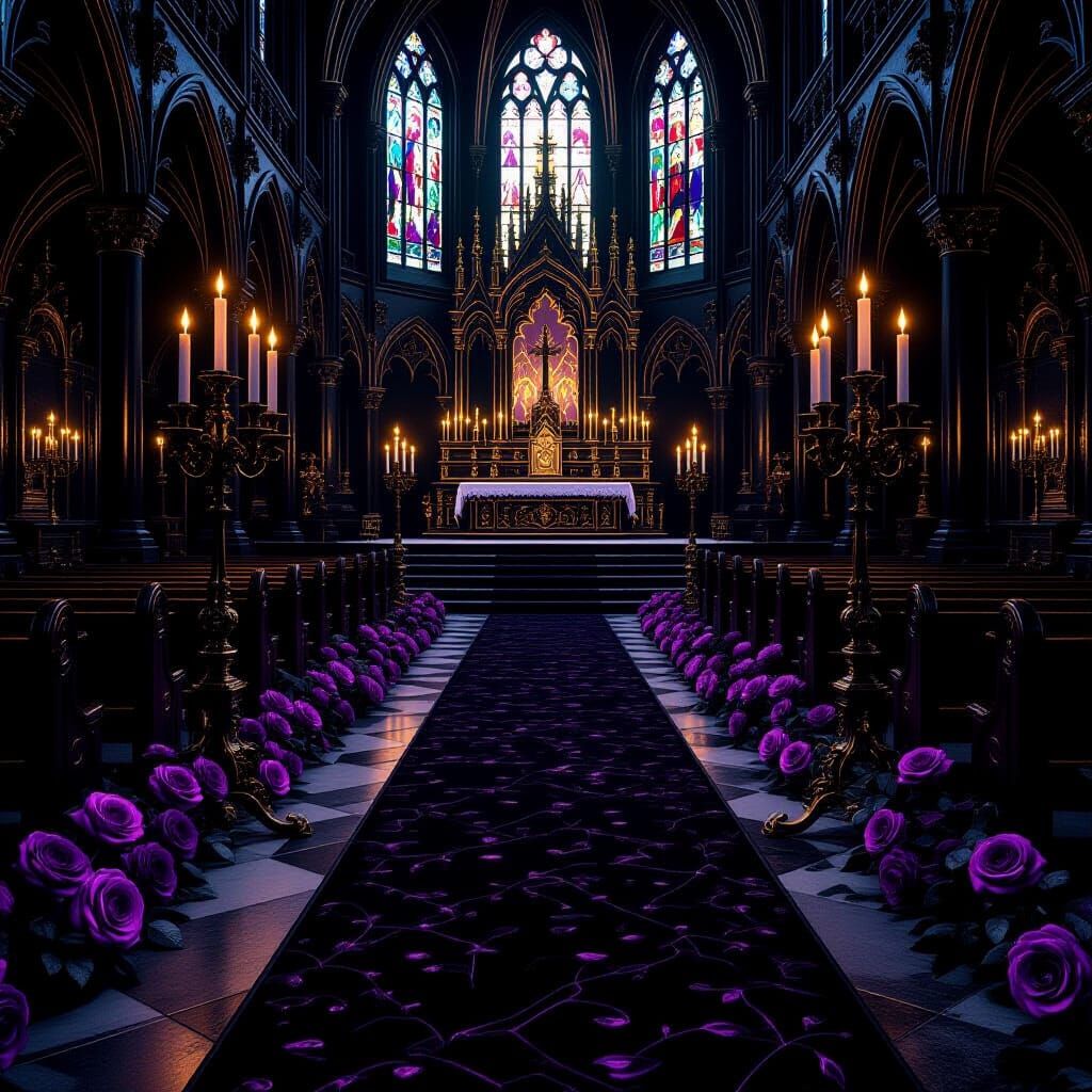 Gothic Church Aisle with Roses and Candlelight