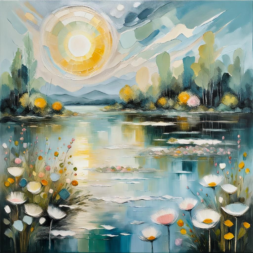 at dawn in the lake with flowers