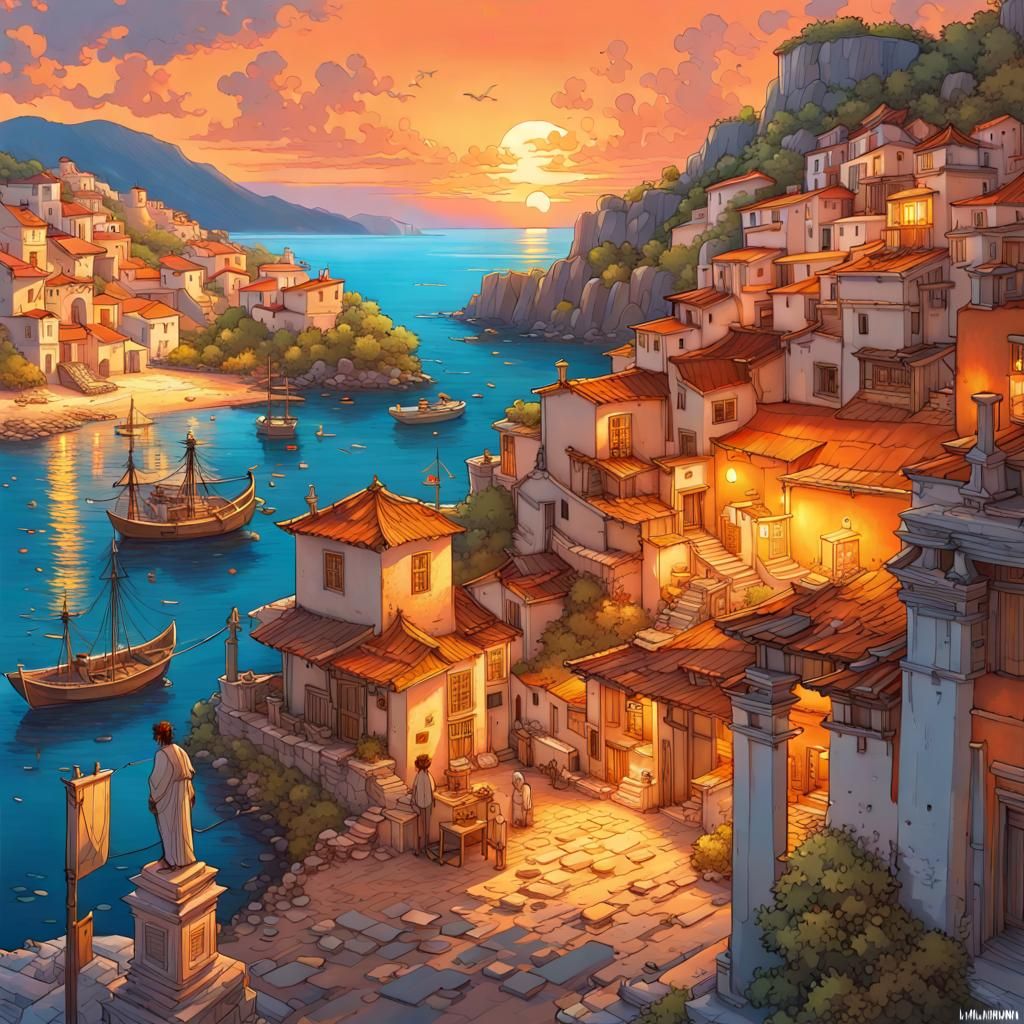 Greek fishing village, at sunset
