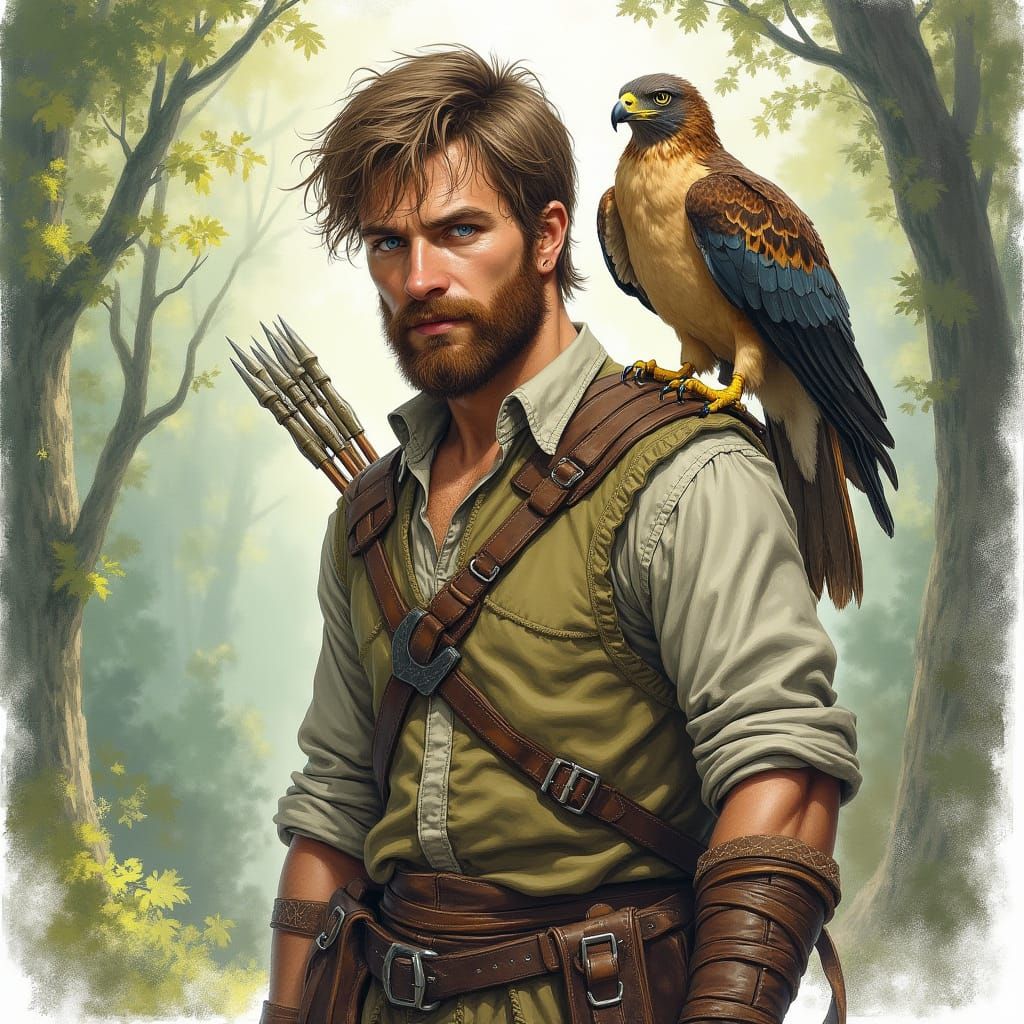 Rugged Halfling Ranger with Hawk and Javelins in Forest