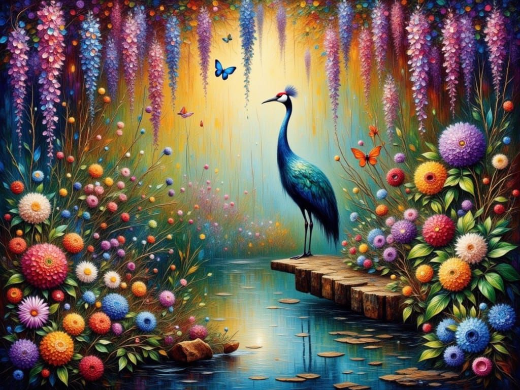 Secret Garden with Cranes and Gemstones in Stylized Art