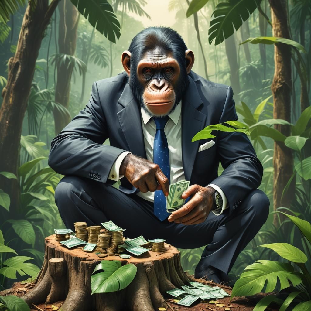 obsessed ape counting his money on a tree stump in the jungl...