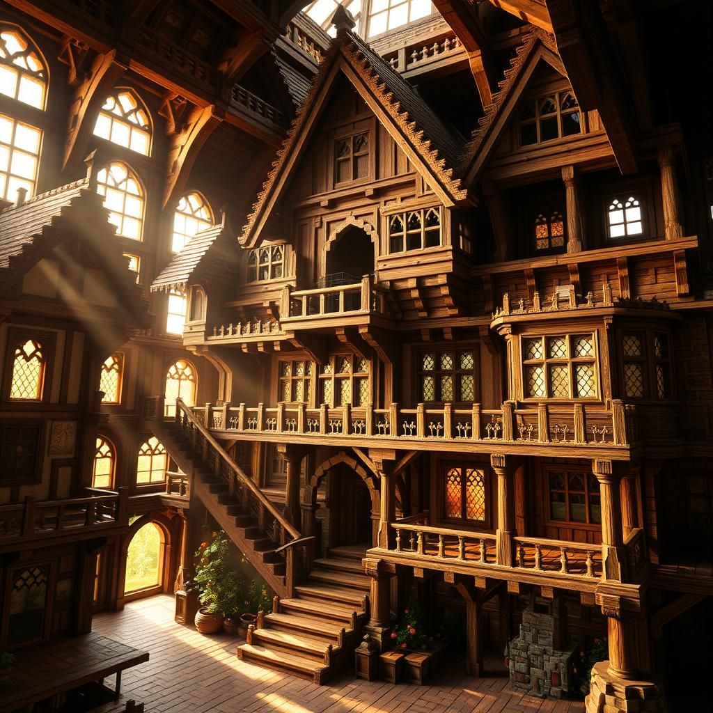 Majestic Minecraft Medieval Wooden House in Golden Light