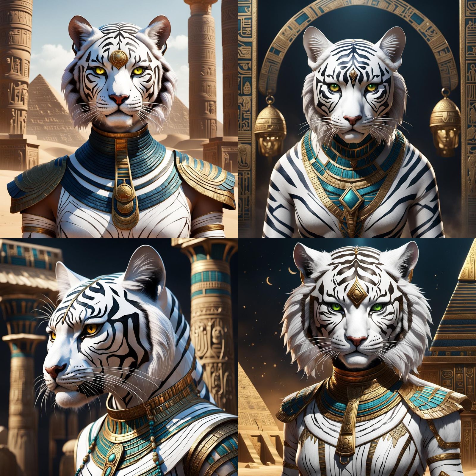 Egyptian White Tiger Cat Woman: Detailed Matte Painting