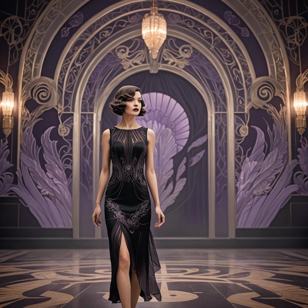 Woman in Art Deco Dress in Ballroom, Hyperrealistic