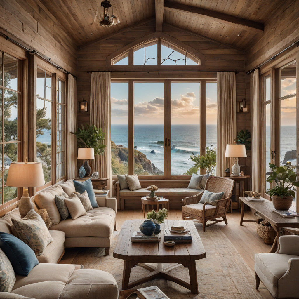 Cozy Coastal Cabin Interior with Warm Wood Tones and Ocean B...