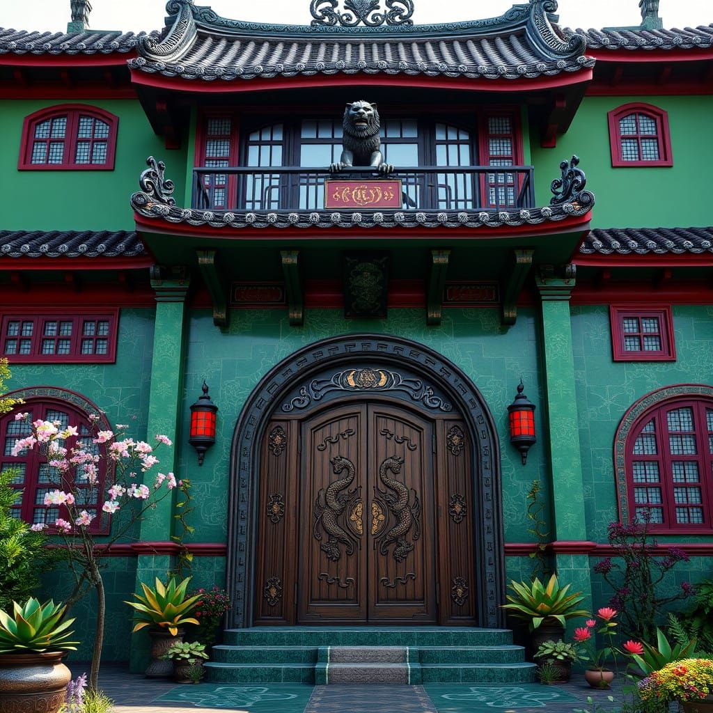 Asian Temple House with Lush Green Walls and Grand Entrance