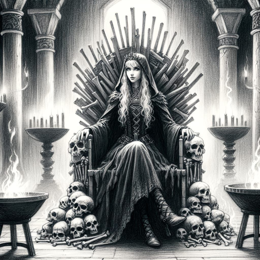 Witch Queen on Bone Throne: Fantasy Pencil Sketch