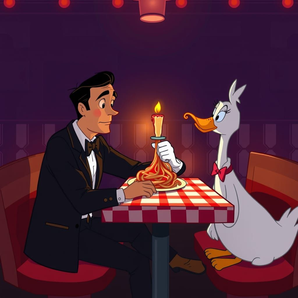 Romantic Diner Scene: Man and Goose Share Spaghetti